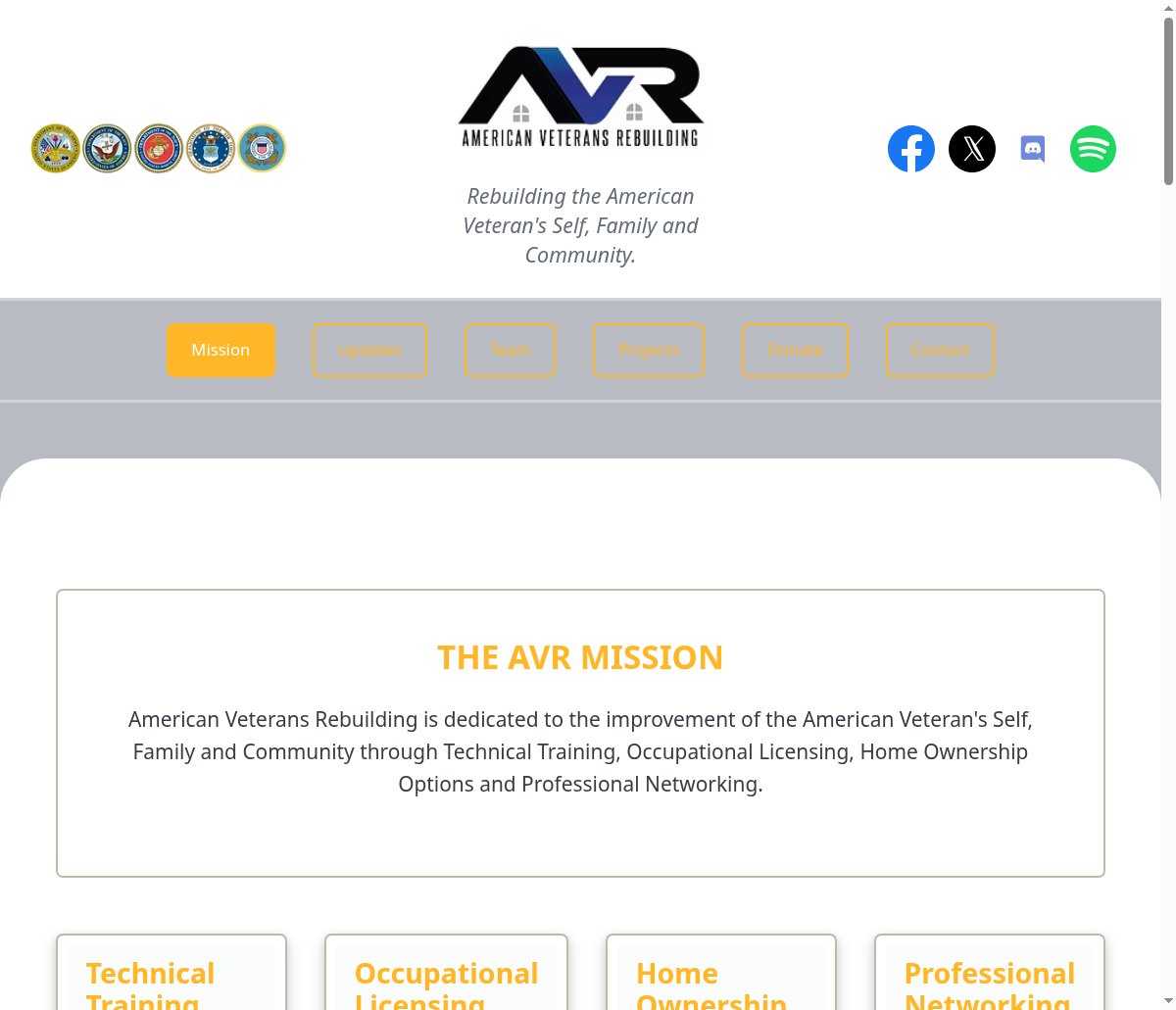 American Veterans Rebuilding homepage showing logo and THE AVR MISSION section