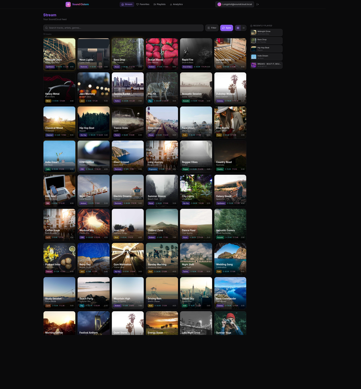 Sound Cistern track cards with genre tags, favorites, and filter controls